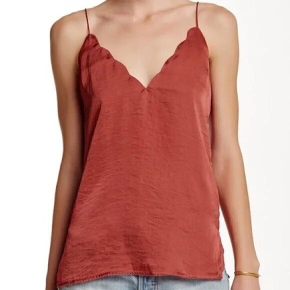 Free People Sensual Satin Scallop Deep V Cami, Red, Size S - Picture 1 of 7